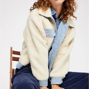 denim / fur teddy mixed media jacket